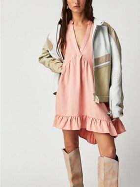 Free People Pink V-Neck Ruffle Mini Dress